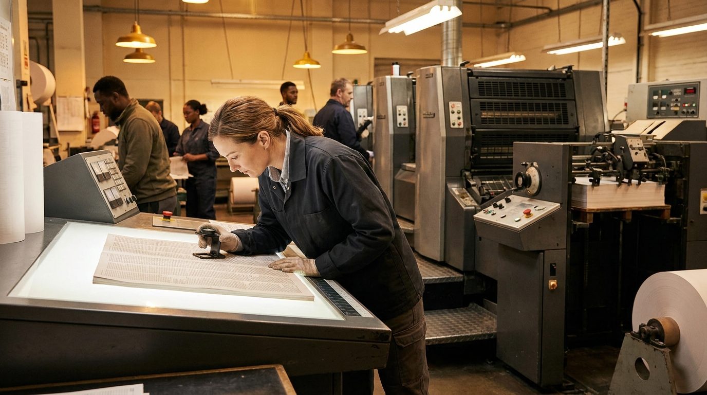 A print shop worker inspecting a freshly printed sheet beside an industrial printing press