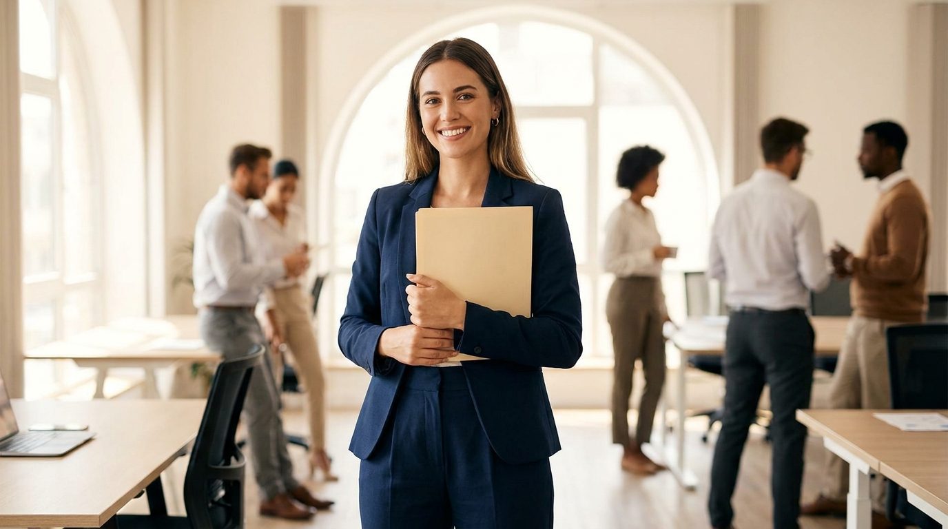 A confident newly qualified accountant holding a folder in a bright modern office, colleagues in the background