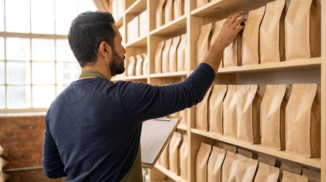 Bags of roasted coffee stacked on shelves in a small roastery storeroom
