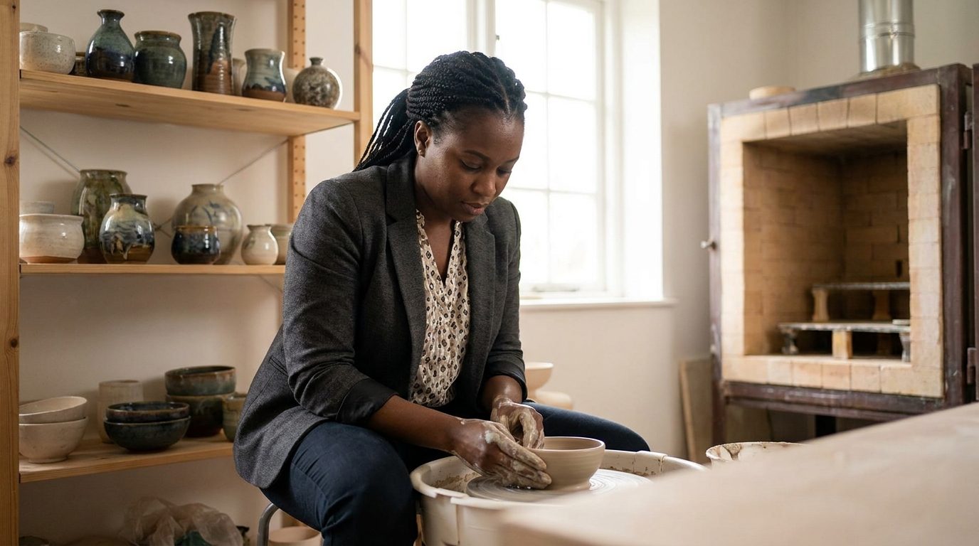 A ceramicist shaping a bowl on a pottery wheel in a bright ceramics studio, with a kiln and shelves of pottery behind