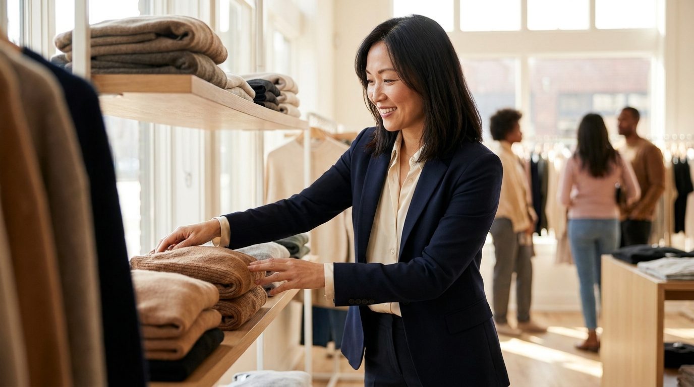 A retail boutique owner checking folded stock on shelves in a bright, stylish shop