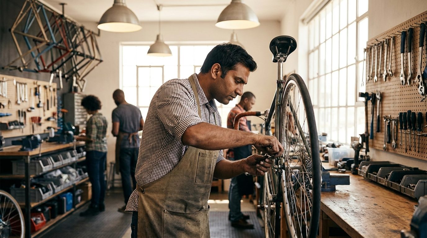 A worker assembling a bicycle at a workbench in a bright bike workshop
