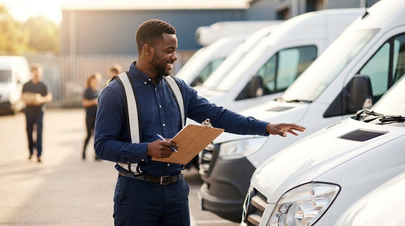 A logistics manager with a clipboard reviewing a row of delivery vans in a depot yard