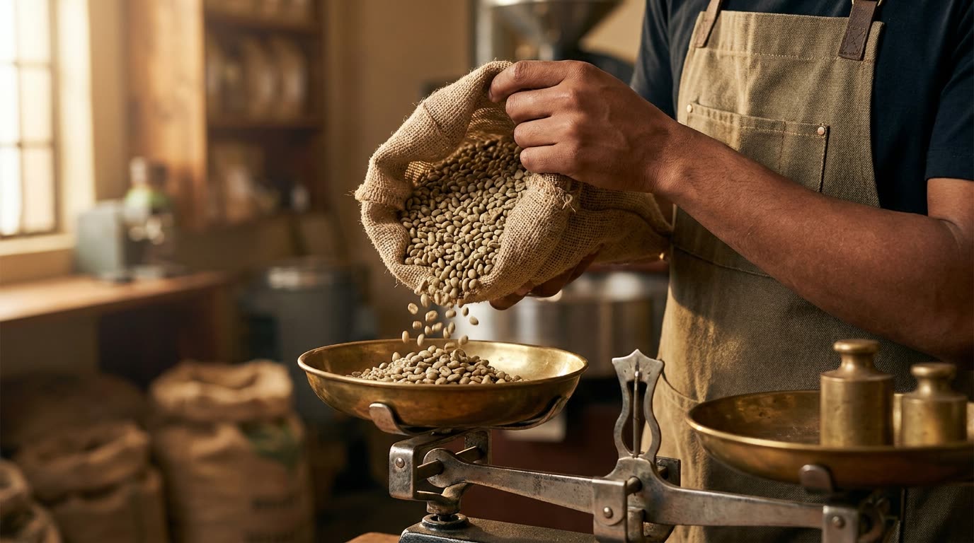 A roaster weighing green coffee beans on a bench scale beside a notebook of figures