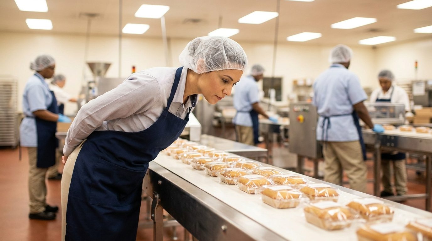 A food manufacturer inspecting freshly made products on a production line in a bright factory