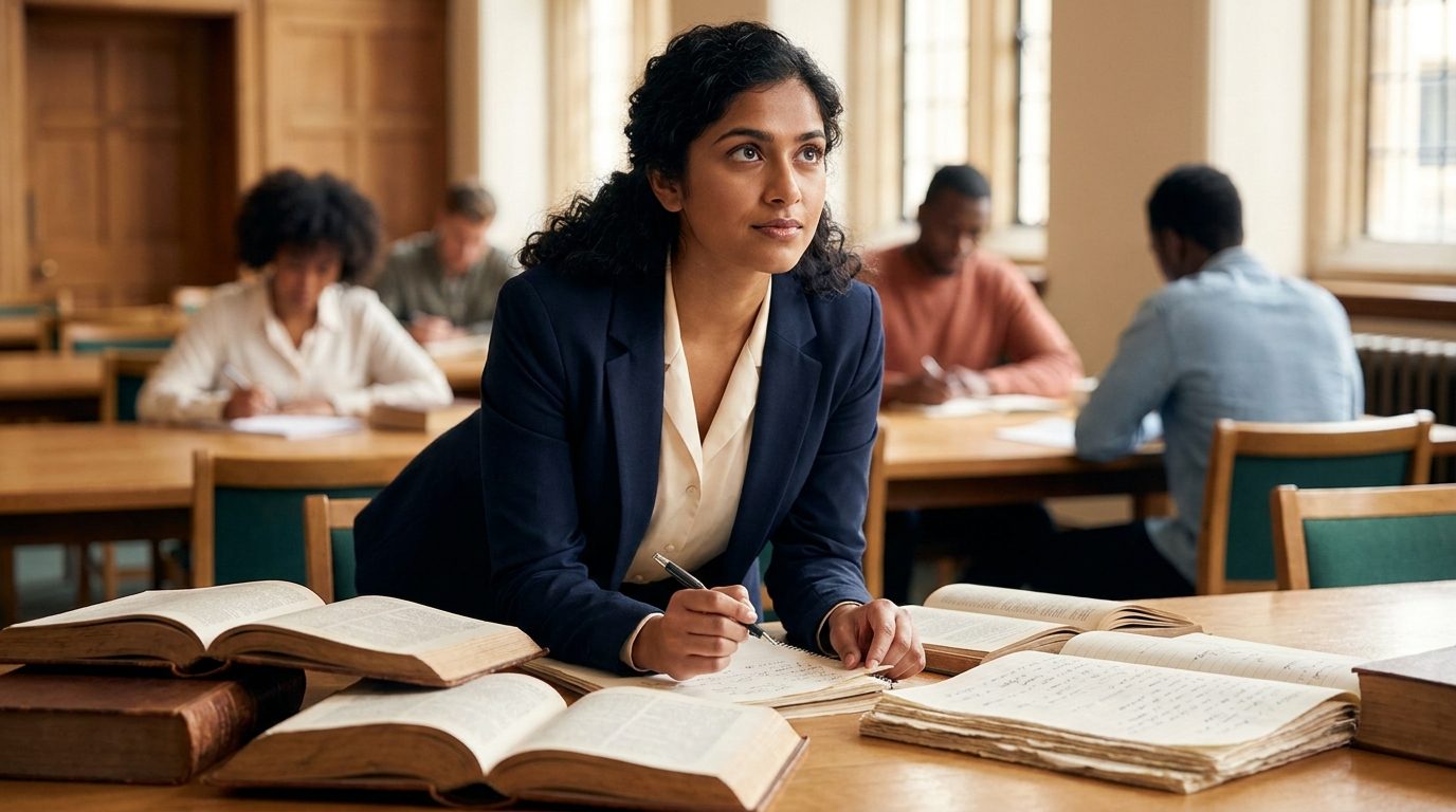 A student studying accountancy with open textbooks and handwritten notes at a bright library desk
