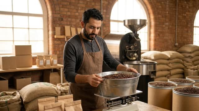 Mateo Reyes weighing beans at Alma Roasters