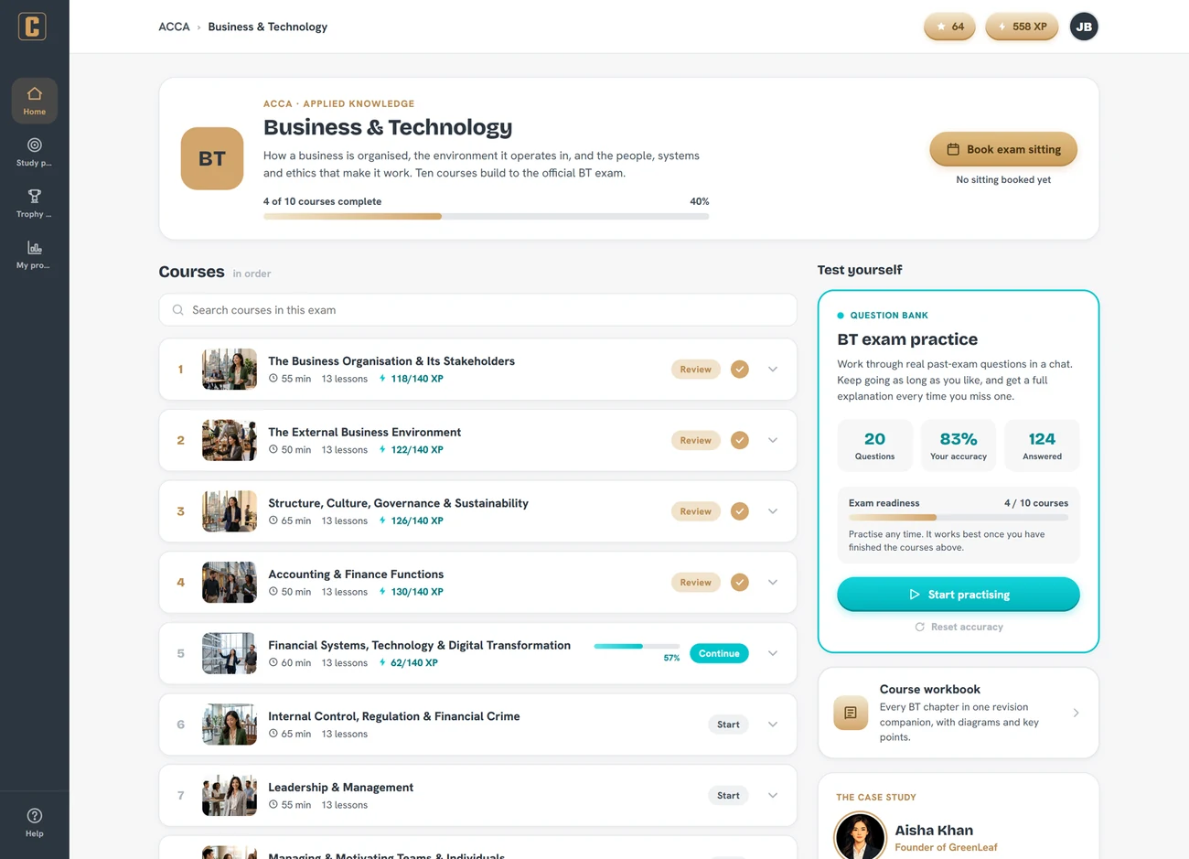 The Clevernest BT exam hub: ten courses in exam order, the always-open question bank, the course workbook and the study plan