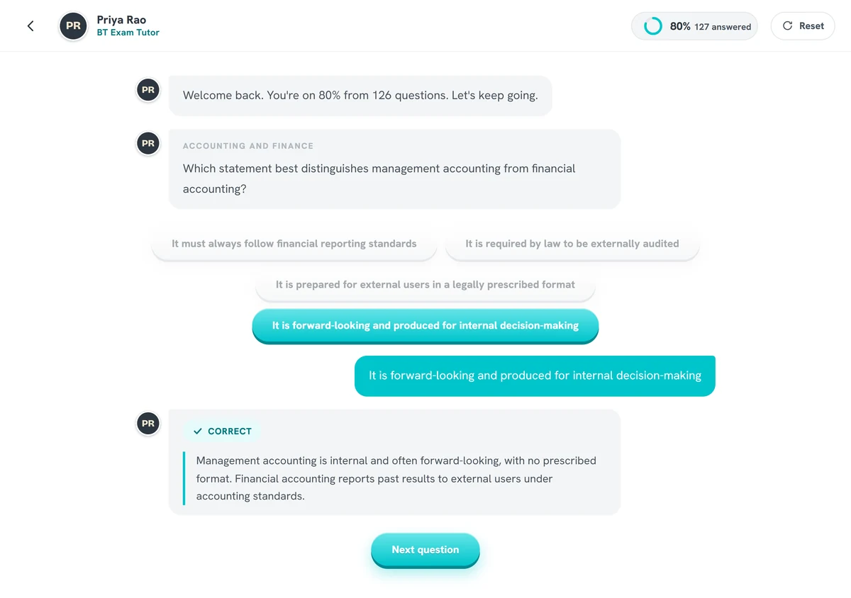 The BT question bank: Priya Rao asks an exam-style question in a chat, the answer is marked correct instantly with an explanation, and a running accuracy of 80 percent from 127 answered sits in the header