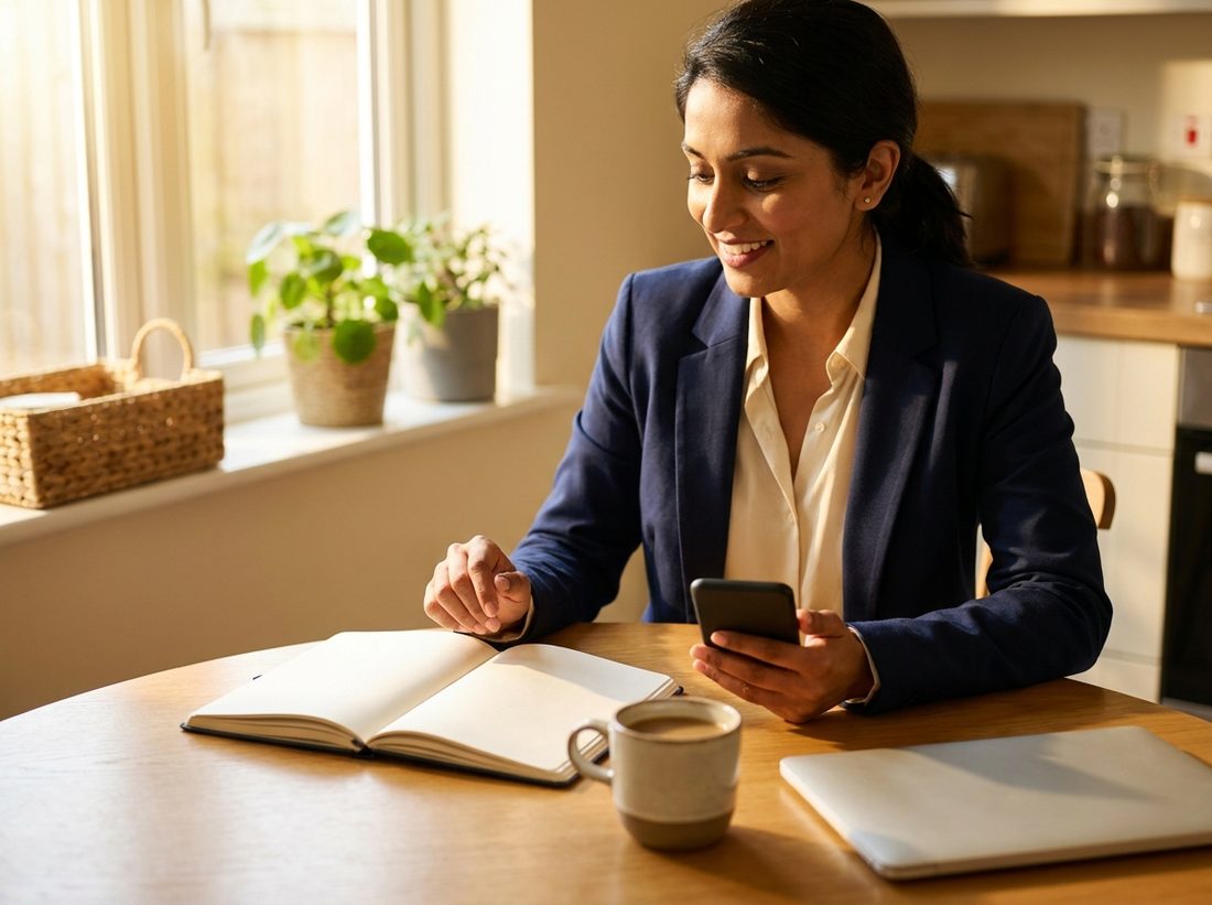 A student studying at home with a notebook, a coffee and her phone, relaxed in warm morning light